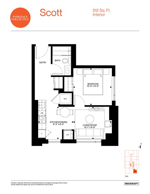 Floor plan for 1 bed, 1 bath, 512 sqft